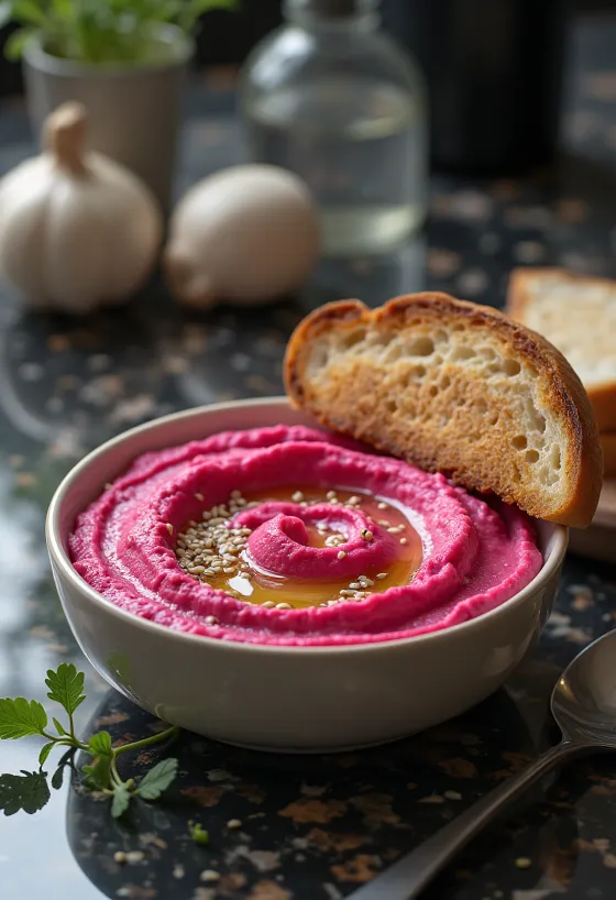 Rote-Bete-Hummus mit geröstetem Brot serviert