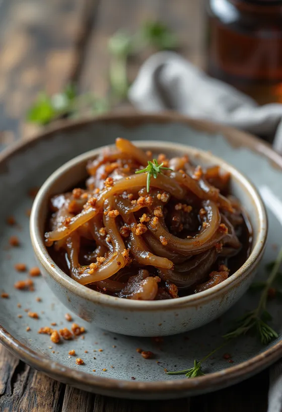 Karamellisierte Chili-Zwiebelsauce in einer Schale, dekoriert mit frischem Chili.