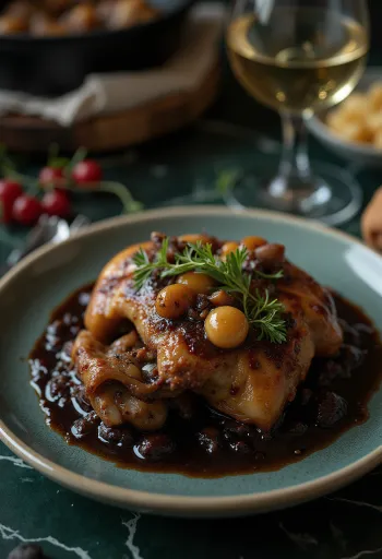 Coq au Vin serviert mit frischer Petersilie und Brot