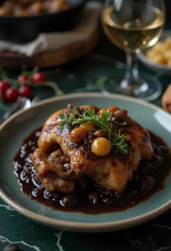 Coq au Vin serviert mit frischer Petersilie und Brot