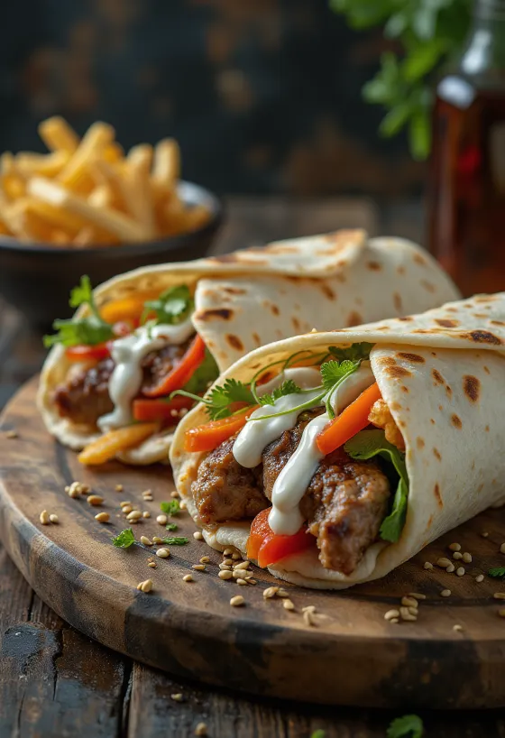 Dürüm Kebab Rolle mit gegrilltem Fleisch, Gemüse, Joghurtsoße und Pommes serviert