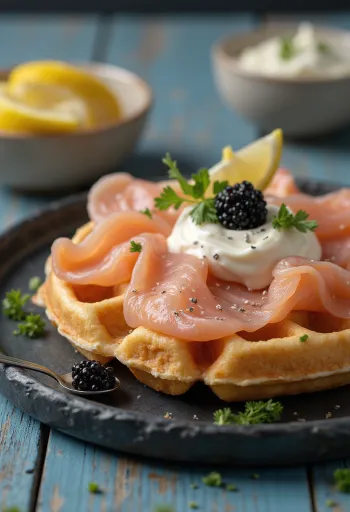 Servierte Lachs-Waffel mit Kaviar