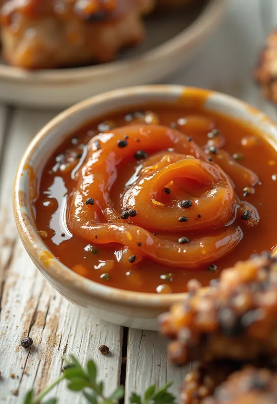 Würzige Honig-BBQ-Sauce im Glas, serviert zu Grillfleisch