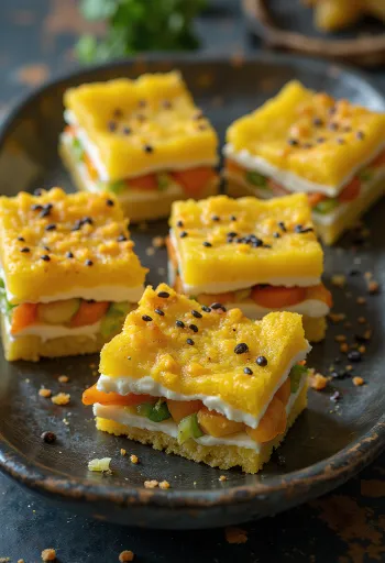 Khaman Sandwich Dhokla mit Gemüsefüllung und frischem Koriander garniert