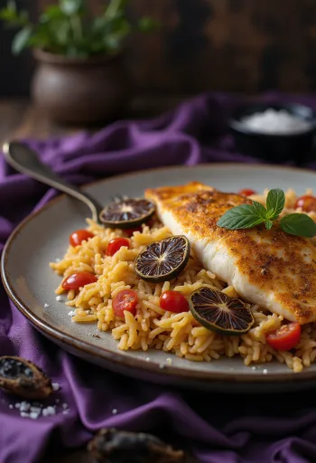 Gewürzreis mit Fischfilet und getrockneter Limette, serviert auf einem Teller