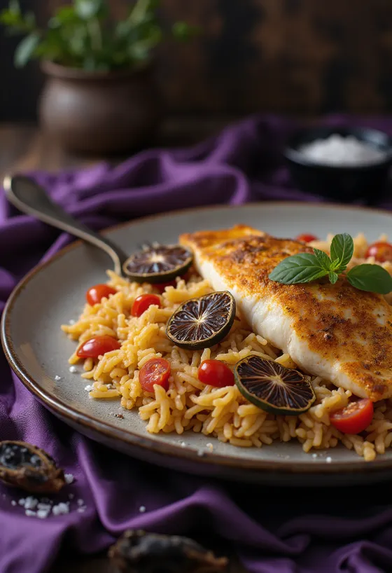 Gewürzreis mit Fischfilet und getrockneter Limette, serviert auf einem Teller