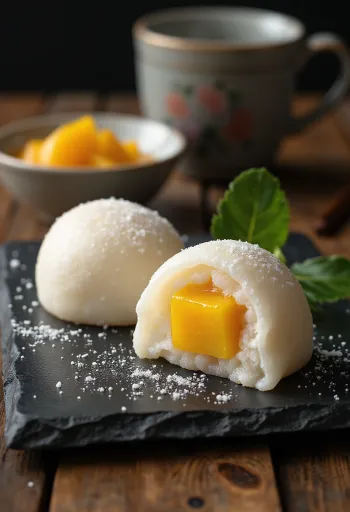 Mochi mit Mango, cremige Füllung mit frischen Mangostücken im Inneren