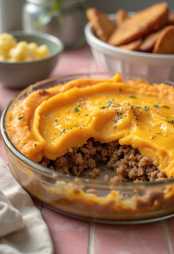 Auflauf mit Süßkartoffelpüree, Hackfleisch und überbackenem Käse