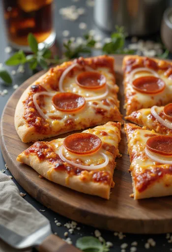 Frisch gebackene Pepperoni-Pizza mit Zwiebelringen