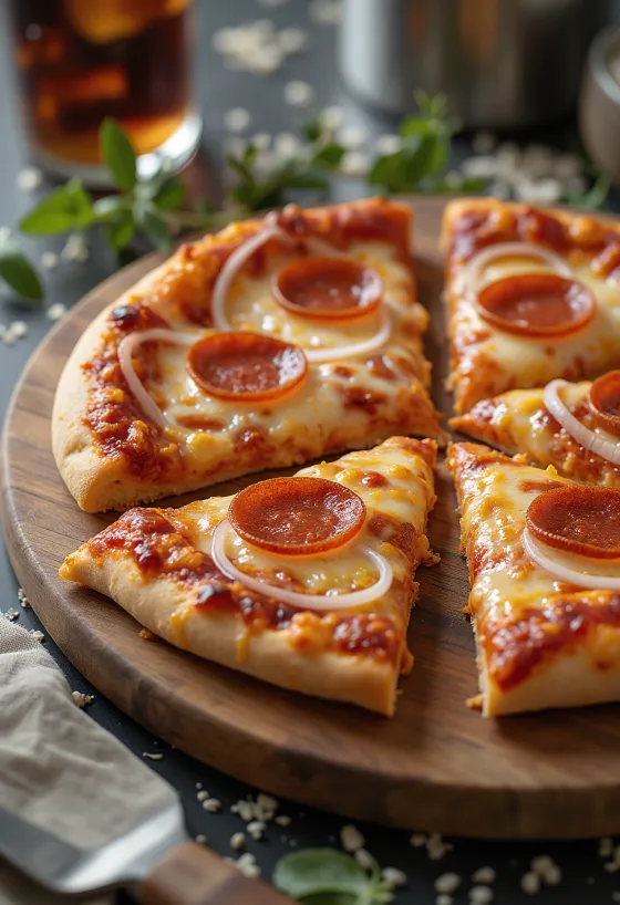 Frisch gebackene Pepperoni-Pizza mit Zwiebelringen