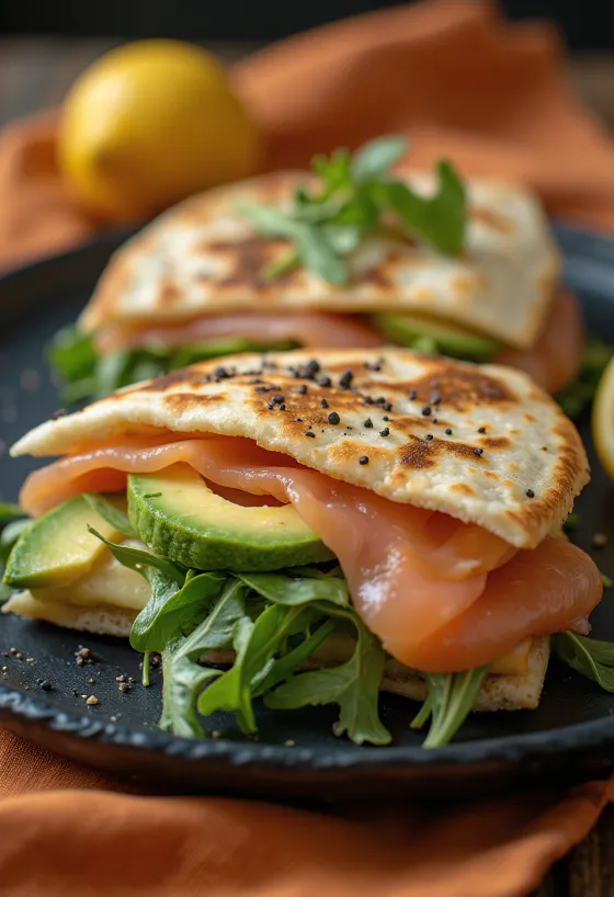 Servierte Piadina mit Lachs und Avocado