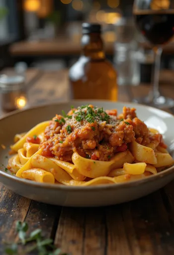 Kaninchenragout serviert mit Pappardelle und garniert mit frischem Rosmarin