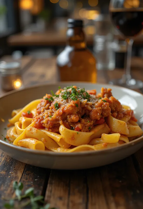 Kaninchenragout serviert mit Pappardelle und garniert mit frischem Rosmarin