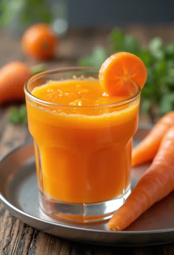 Karottensaft im hohen Glas, dekoriert mit frischer Karotte und Obst