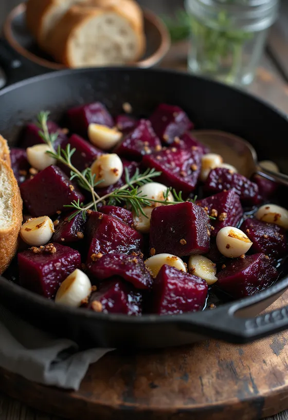 Gebackene Rote Bete mit Knoblauch serviert