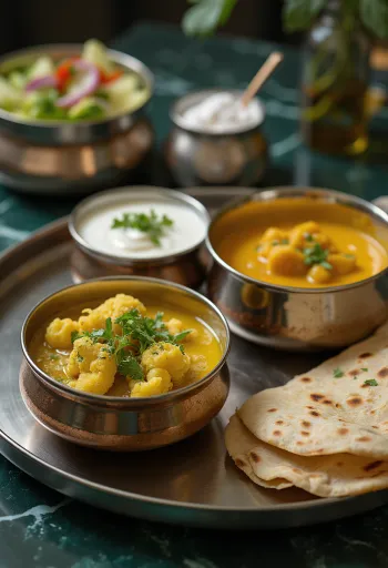 Nordindisches Thali mit Basmatireis, Aloo Gobi, Dal, Chapati und Pappadam