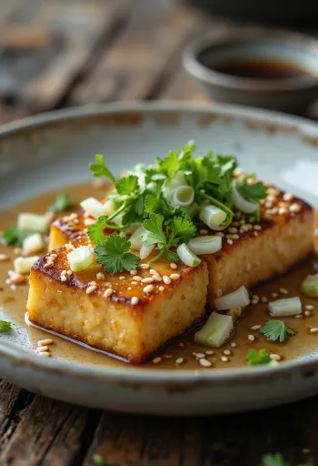 Tofu-Steak im Sesammantel mit frischem Koriander verziert