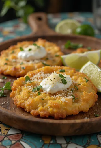 Tostones mit Knoblauch-Dip, frittierte Kochbananen mit Knoblauch-Schmand-Sauce und Petersilie.