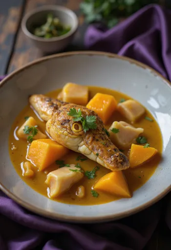 Krokodil-Kürbis-Curry serviert in einer Schüssel mit frischem Koriander.