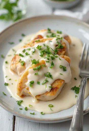 Saftige Hähnchenbrust in Sahnesauce, mit frischer Petersilie bestreut und mit Nudeln serviert.