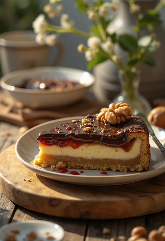 Kastanien-Linzer-Torte verziert mit Schokolade und Marmelade