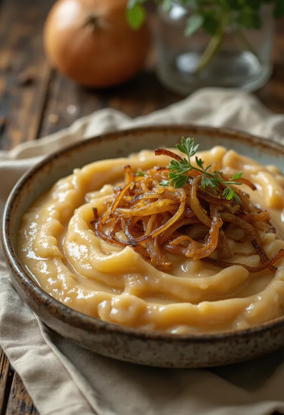 Karamellisierte Zwiebelsauce mit frischem Brot