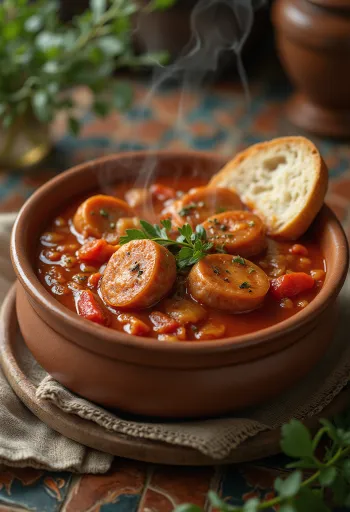Letscho mit Wurst, frischer Paprika, Tomaten und geräucherter Wurst serviert