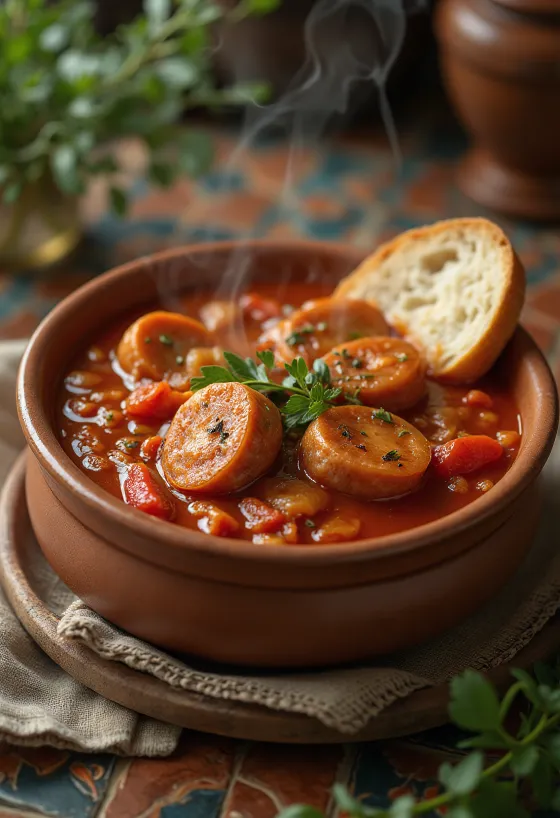 Letscho mit Wurst, frischer Paprika, Tomaten und geräucherter Wurst serviert