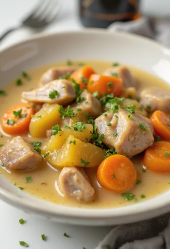 Kaninchen in Weißweinsauce mit Kräutern in einer rustikalen Schüssel