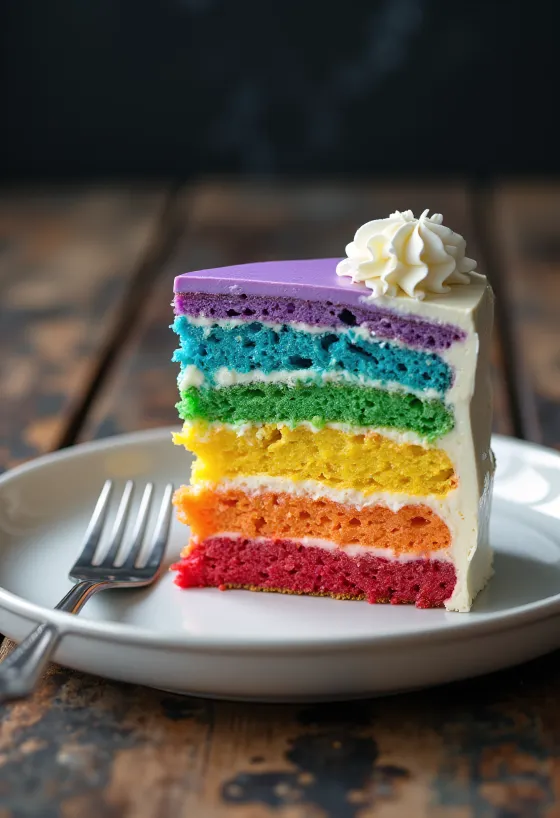 Regenbogen-Torte mit weißem Fondant und bunten Schichten