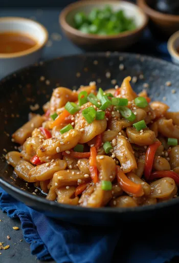 Krokodil Stir-Fry serviert mit Reis und Gemüse.