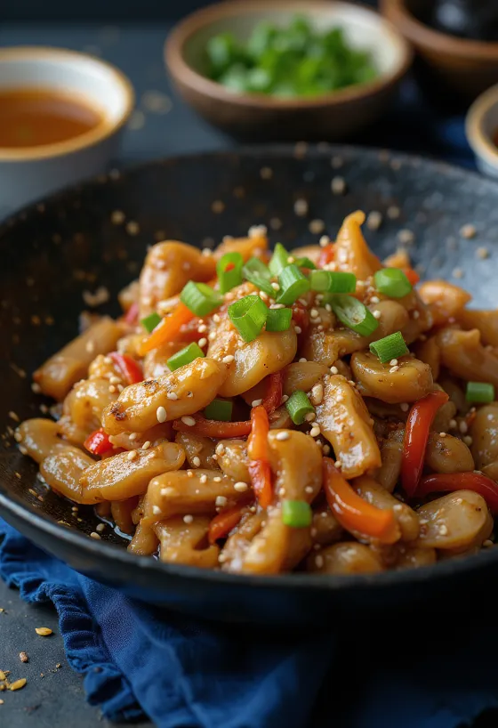 Krokodil Stir-Fry serviert mit Reis und Gemüse.