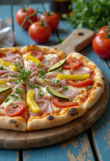 Schinken-Gemüse-Pizza mit Mozzarella und Basilikum