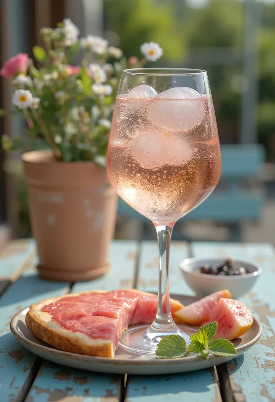 Rosé-Schorle mit Zitronenscheibe und Eis