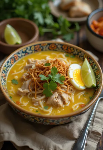 Soto Lamongan Hühnersuppe mit Röstzwiebeln, serviert mit frischem Koriander