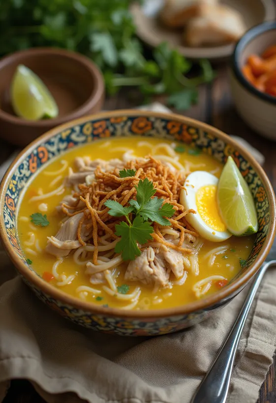 Soto Lamongan Hühnersuppe mit Röstzwiebeln, serviert mit frischem Koriander