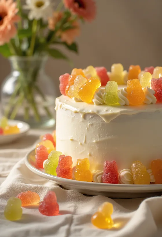 Bunte Gummibärchen-Torte mit weißem Fondant und Süßigkeiten-Deko