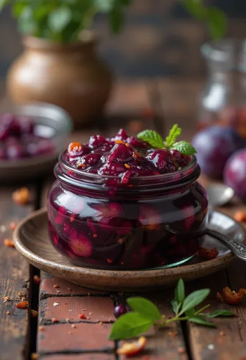 Pikantes Pflaumen-Chutney im Glas und serviert
