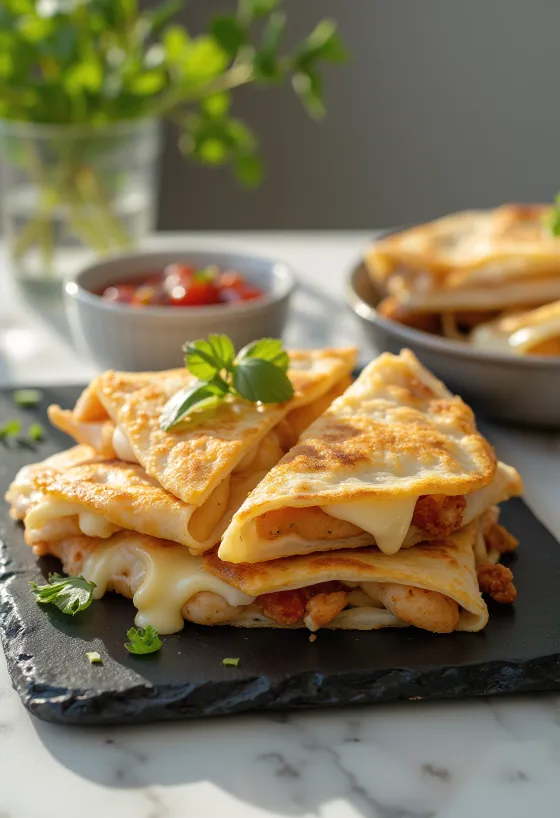 Hähnchen-Quesadilla goldbraun gebacken, serviert mit geschmolzenem Käse und frischen Kräutern