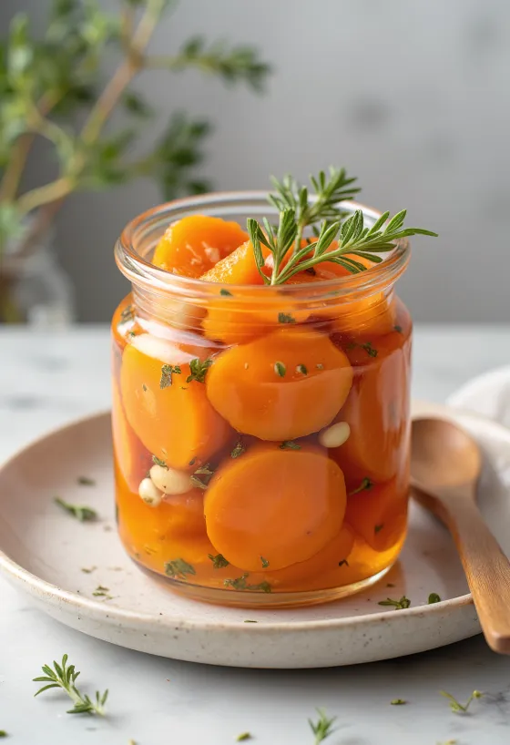 Karotten-Escabeche serviert, dekoriert mit frischen Gewürzen