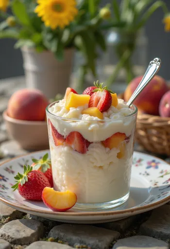 Frucht-Milchreis verziert mit frischen Fruchtstücken und Schlagsahne