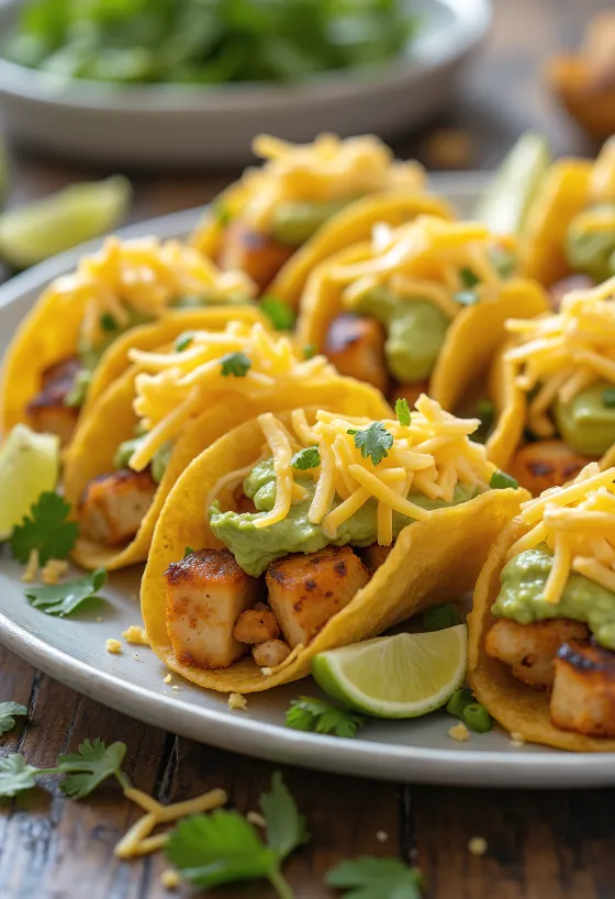Mini-Tacos gefüllt mit Hähnchen, Avocado und Käse