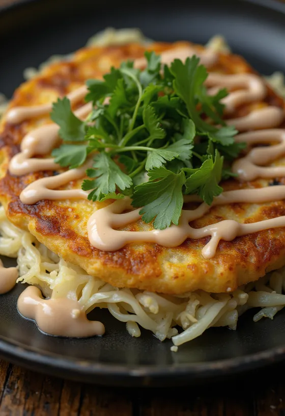Okonomiyaki mit Koriander, gleichmäßig gebraten, serviert mit frischem Kohl und Koriander