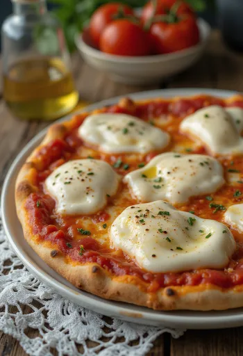 Pizza alla Mozzarella di Bufala mit Büffelmozzarella und Basilikum