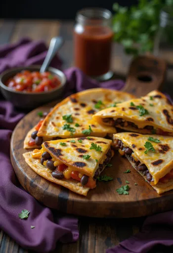Bohnen-Quesadilla, serviert mit Käse und Gemüse