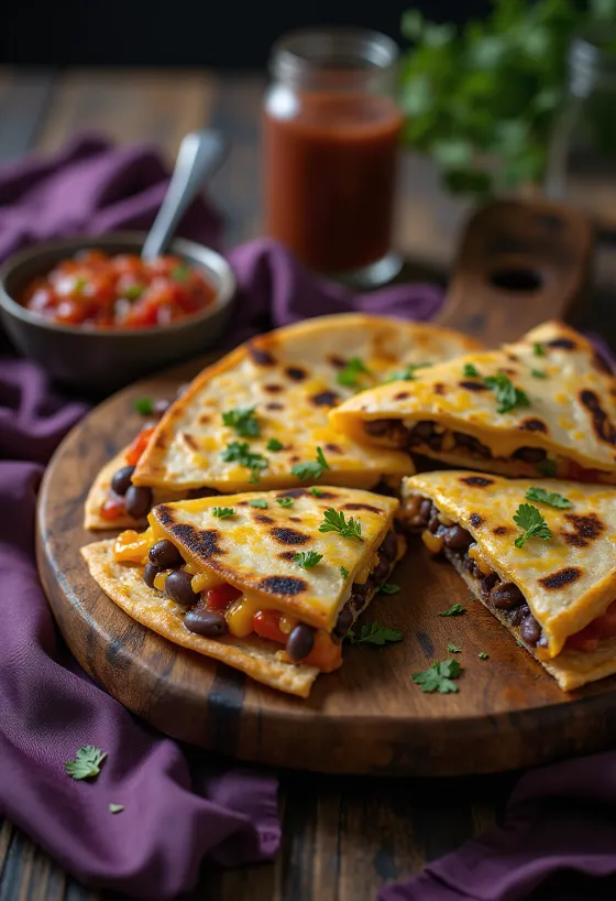 Bohnen-Quesadilla, serviert mit Käse und Gemüse