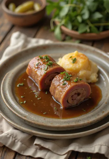 Rinderrouladen serviert mit Sauce und Kartoffelpüree