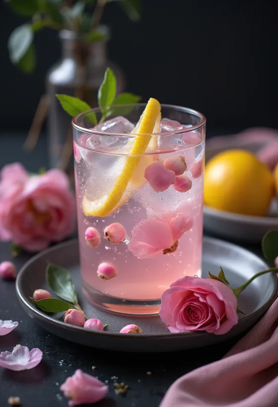 Rosenwasser-Limonade im Glas serviert