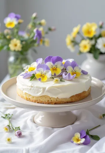 Frühlings-Blütentorte mit essbaren Blumen dekoriert