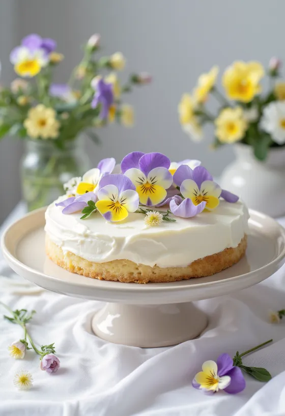 Frühlings-Blütentorte mit essbaren Blumen dekoriert